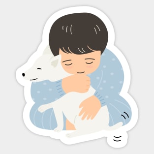 Adorable boy hugging lovely puppy cartoon kawaii style. Sticker